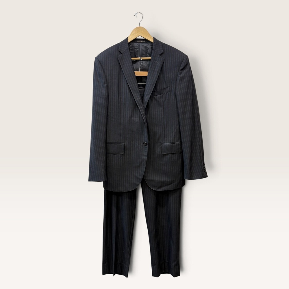 Corneliani Academy Navy Pinstripe Suit 15.75 Micron Virgin Wool Italy 50 US 40